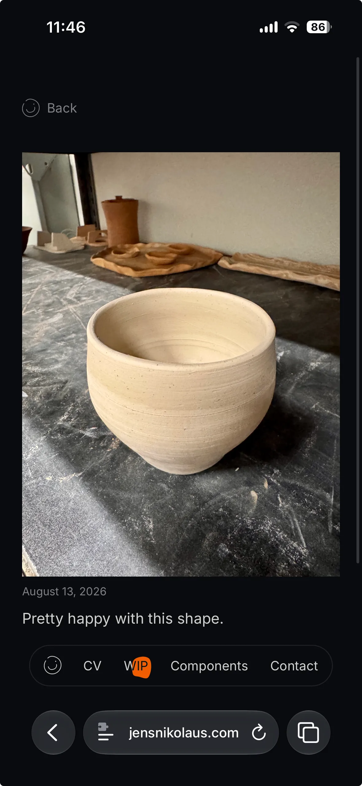Phone screenshot of a WIP post with the floating nav pill at the bottom of the screen